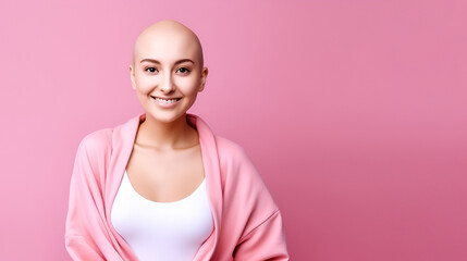 A valiant young woman with a bald head, a confident smile and a forward-facing stance, pink clothing. Concept of women's health, especially against breast cancer. pink background with copy space
