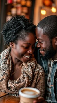 Beautiful black couple smiling at each other in a coffee shop. Generative AI