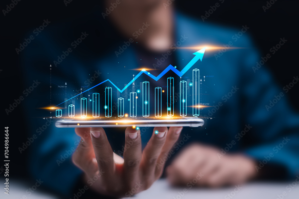 Poster businessman analyzing financial profit and economic growth graph chart for business planning and str