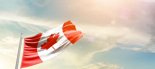 Canada national flag cloth fabric waving on the sky - Image
