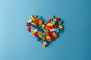 Heart made of colorful puzzle pieces, World Autism Awareness Day concept, blue background. Generative AI