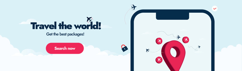 Travel the world, search your destination cover banner. Travel the world now with best packages Facebook cover. Travel agency promotion banner with a mobile phone screen and location icon, airplane