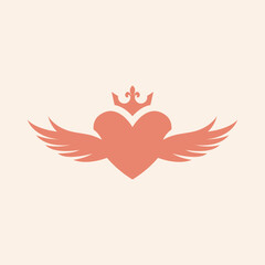 Flying heart with wing icon in cream over white. Heart with wings symbol. Isolated on cream background.