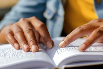 Close up of hands touching a Braille book. A person with blindness touches and reads with his hands. Braille is a system of raised dots that allows you to read a book with your fingers. 