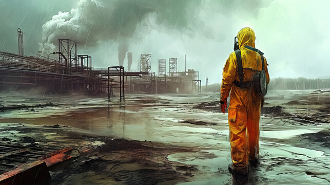 Man in hazmat with colourful booms on background. 