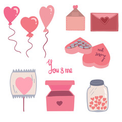 Valentines day flat design set with balloons letters and chocolates
