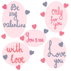 Lettering hand drawn set of stickers Valentines day 14 February