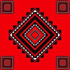 Draw black colored lines consisting of several colors combined into a rectangular pattern with a red background, design, fabric pattern, pattern for use as an artistic background.