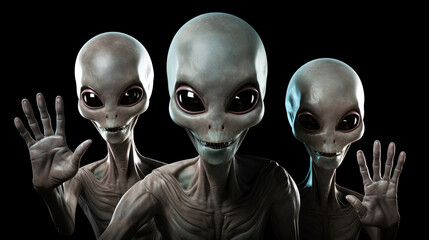 Three friendly smiling aliens with gray-green skin and big eyes wave their hand in greeting against the backdrop of black space - obrazy, fototapety, plakaty