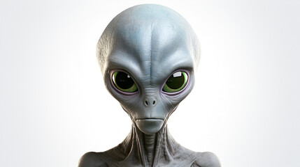 Extraterrestrial being portrait with large, captivating green eyes and a smooth blue-grey complexion, isolated on a white background.
