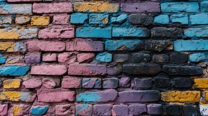 full background Colorful brick wall painted in various shades of pink, blue, purple, yellow, and black
