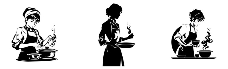 Black and white silhouette of lady chef  