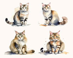 Watercolor sitting cat illustration 4 sets, portrait