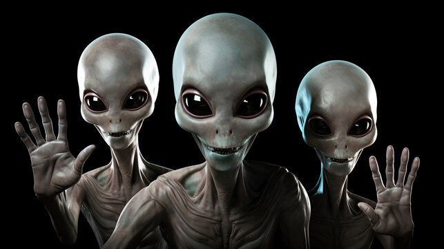 Three friendly smiling aliens with gray-green skin and big eyes wave their hand in greeting against the backdrop of black space