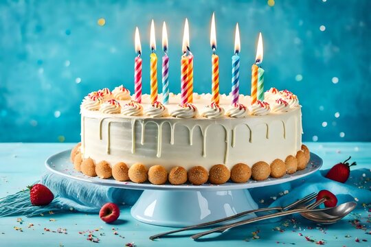 Yummy birthday cake with candles on light blue background. Party birthday concept