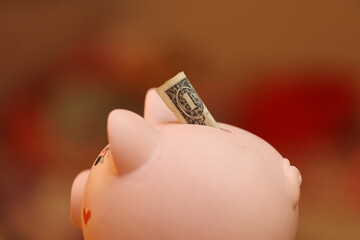 Piggy bank with a single dollar bill