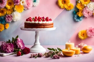 Obraz na płótnie Canvas Sweet cake with floral decor on table against color background