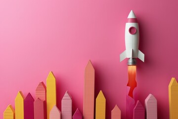 Rocket and bar graph, pink background, business concept, startup and analysis graph, digital illustration. Generative AI