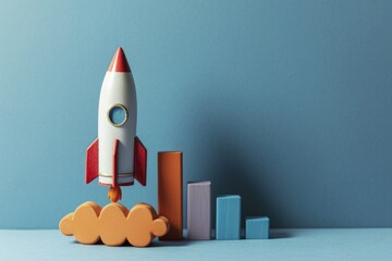Rocket and bar graph, blue background, business concept, startup and analysis graph, digital illustration. Generative AI