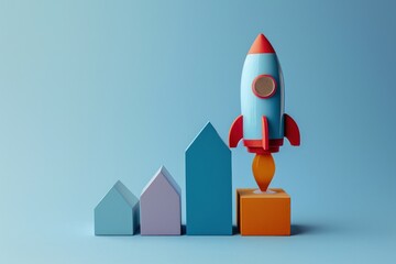 Rocket and bar graph, blue background, business concept, startup and analysis graph, digital illustration. Generative AI