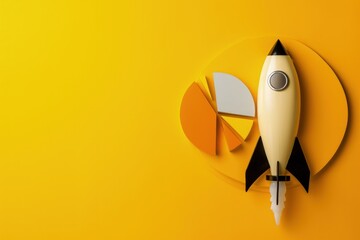 Rocket and pie chart, yellow background, business concept, startup and analysis graph, digital illustration. Generative AI
