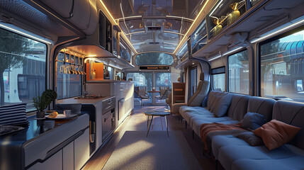 Fototapeta premium Future concept of bus interior. Transport to live in. 