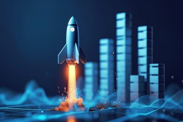Rocket and bar graph, blue background, business concept, startup and analysis graph, digital illustration. Generative AI