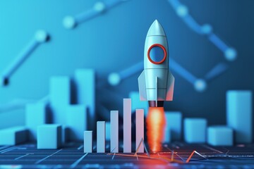 Rocket and bar graph, blue background, business concept, startup and analysis graph, digital illustration. Generative AI - obrazy, fototapety, plakaty