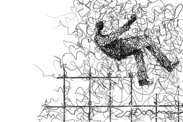 Abstract illustration of a falling person stuck on a chaotically tangled wires