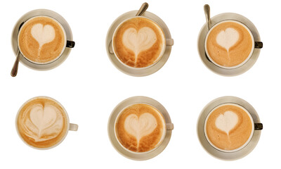Top view of hot coffee latte art foam set isolated on white background / latte art coffee or mocha...
