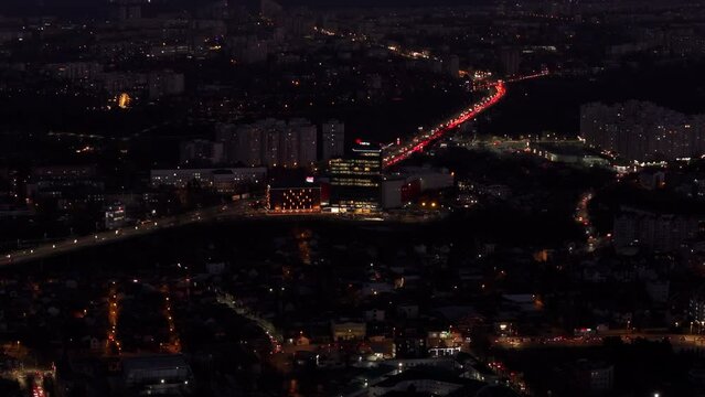 Aerial drone view of Chisinau city at night, blue hour. Moldova