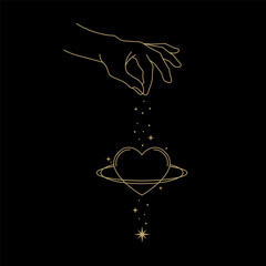 gold hand pinching pose abstract planet heart
