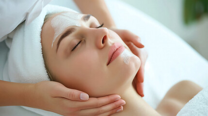 Fototapeta na wymiar Relaxed woman receiving a facial spa treatment.