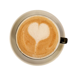 Top view of Hot coffee cappuccino latte art isolated on white background. / latte art coffee or mocha coffee