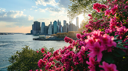 Blooming pink flowers framing a serene view of Manhattan's skyscrapers and waterfront
