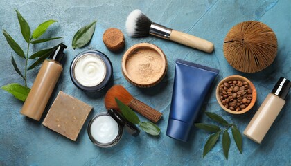 A flat lay arrangement featuring men's grooming products on a colored background, leaving room for design elements.