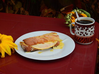 French self-made Croque Monsieur sandwich with ham and cheese al fresco on garden table in autumn