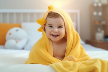 Happy laughing baby wearing yellow hooded duck towel sitting on parents bed after bath or shower. Clean dry child in bedroom. Bathing and washing of little kids.  - Powered by Adobe
