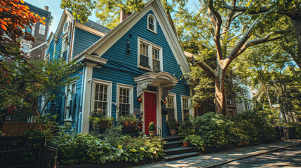 A charming blue house with white trim and a vibrant red door, showcasing traditional architecture, situated in Manhattan, New York
