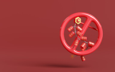 3d sign prohibiting lighting hanging firecrackers. 3d render illustration