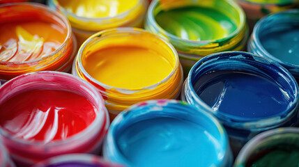 Open cans of colorful paint in a row.