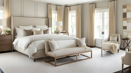 an elegant bedroom retreat with neutral tones and subtle textures.
