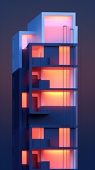 a building in dark blue and pink on top of blue with glowing orange lights 