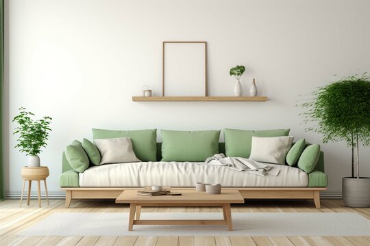 Home interior mock-up with green sofa, wooden table and trendy decoration in white bright living room, 3d render