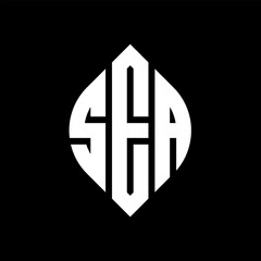 SEA circle letter logo design with circle and ellipse shape. SEA ellipse letters with typographic style. The three initials form a circle logo. SEA circle emblem abstract monogram letter mark vector.