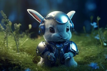 Little bunny with decorated Easter eggs on the grass. Futuristic technology concept in dark and...