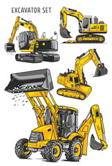 Excavator set. Vector illustration isolated on white background for your design