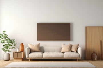 Mockup a TV wall mounted with sofa in living room with a white wall.3d