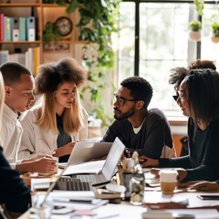 Group of young people of different nationalities working together in a co-working space, home office, comfortable work space, group of students. - obrazy, fototapety, plakaty