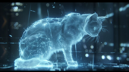 Offering an epic style that captivates the imagination and heralds a new era of visual storytelling. a realistic hologram of a transparent cat, glowing white with ethereal radiance, epic style.